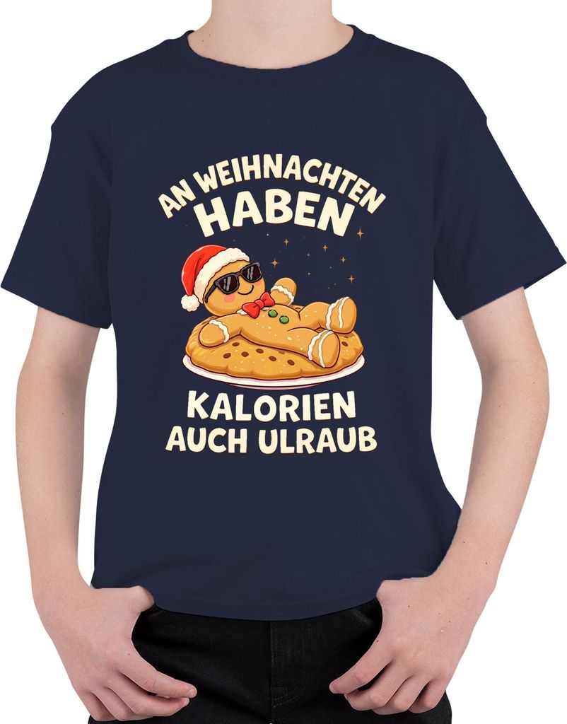 An Weihnachten haben Kalorien auch Urlaub Lebkuchenmann Geschenk Uni Kinder T-Shirt, Navy, 116