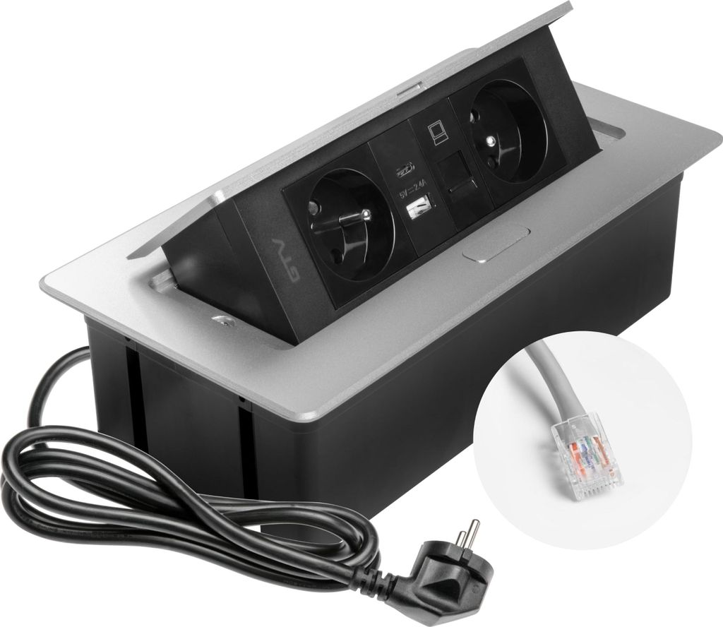 GTV - Einbausteckdose MULTISOFT aluminium mit 2x Steckdose mit Erdung, USB A+C, RJ45, versenkbar mit Abdeckung, 1,5 m Kabel, für Küche, Büro, Ko...