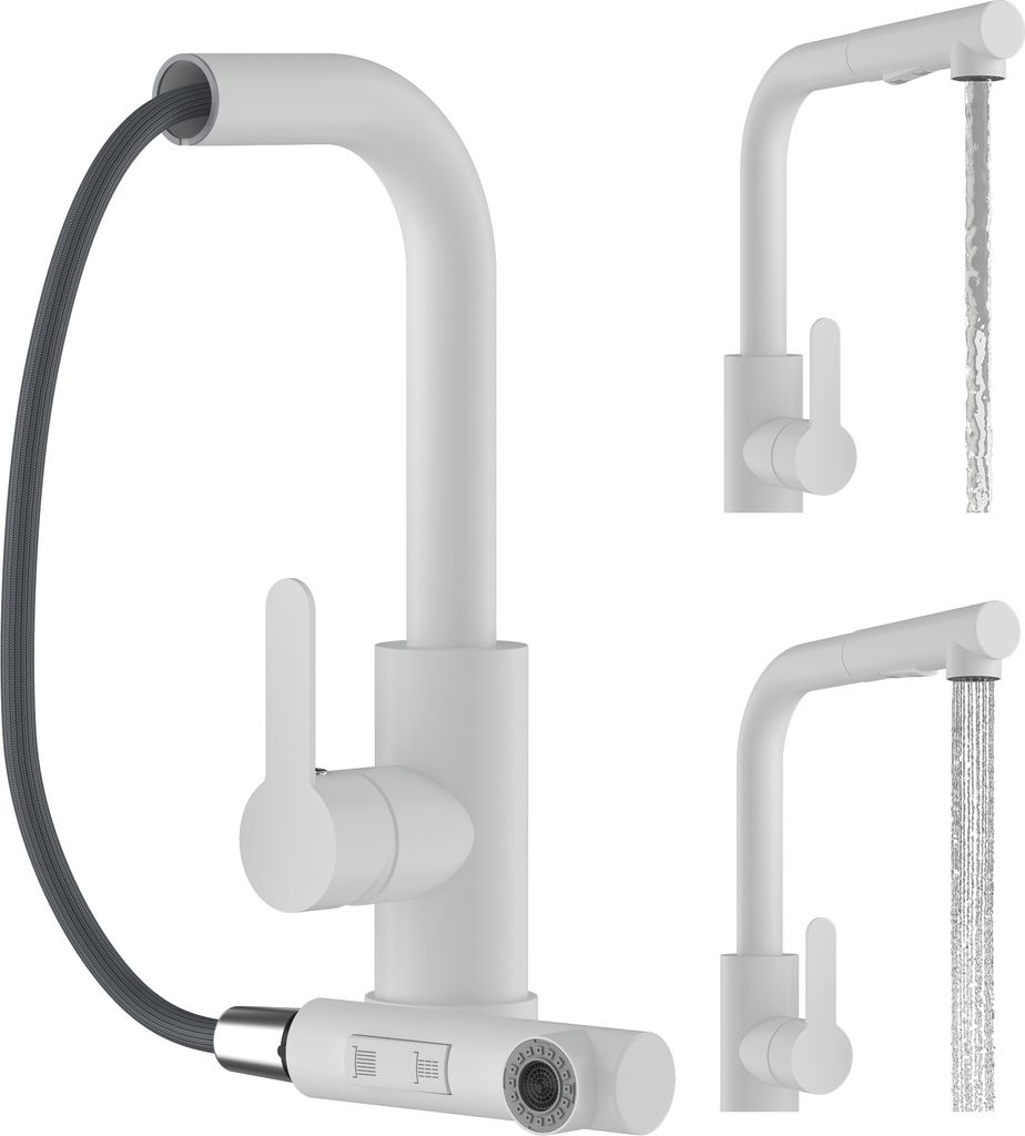 A white kitchen faucet with a pull-out spray head is shown against a white background. Two smaller images of the faucet are also present, one with water flowing.