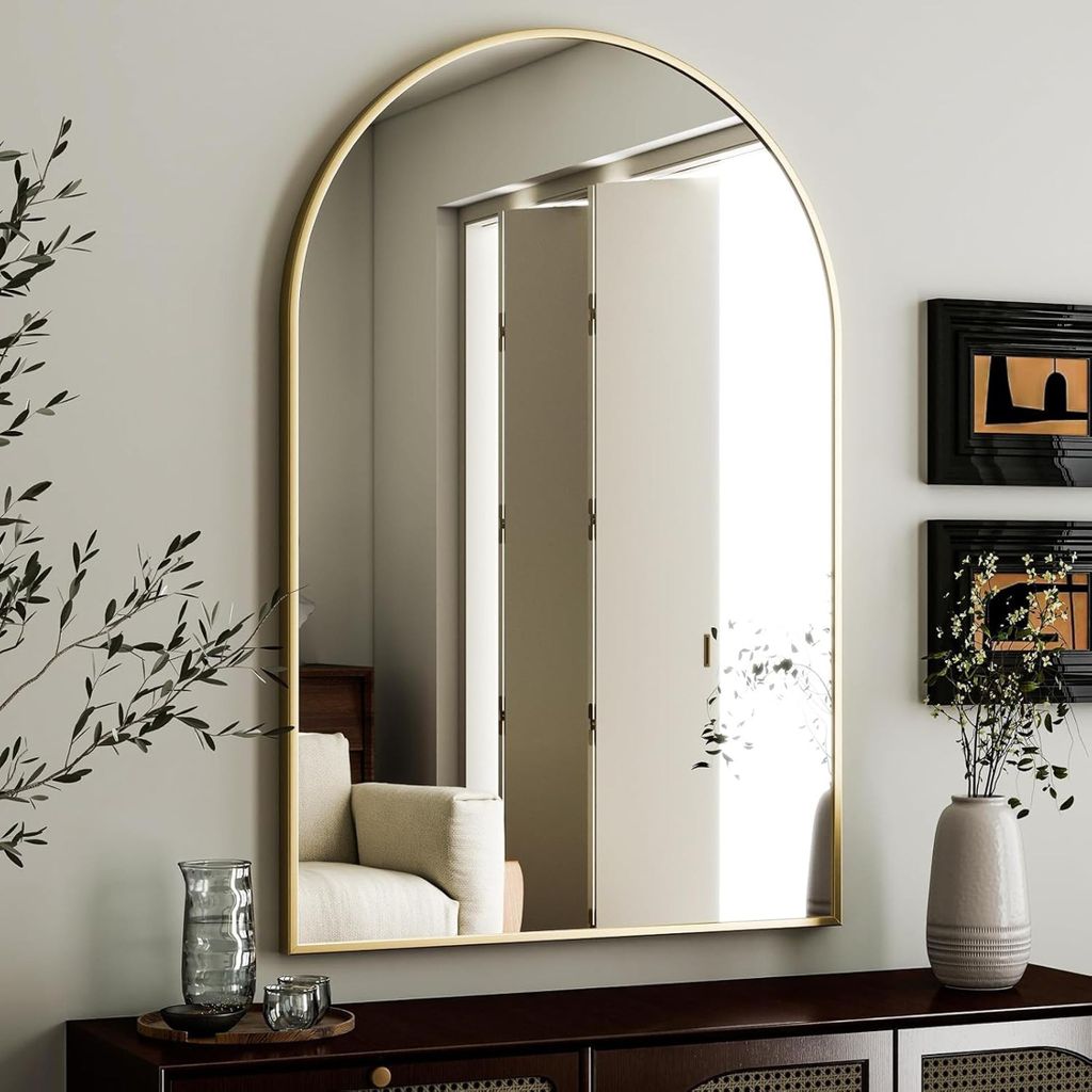 Gewölbter Wandspiegel 24"x36" – Badezimmerspiegel, Kosmetikspiegel mit Metallrahmen für Schlafzimmer, Eingangsbereich und Wohnzimmer, gold, 91 ...