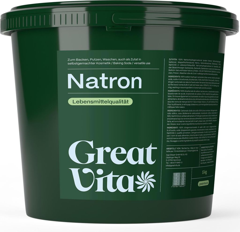 GreatVita Natron Pulver 5 kg Eimer | Lebensmittelqualität E500ii, Backpulver Backsoda