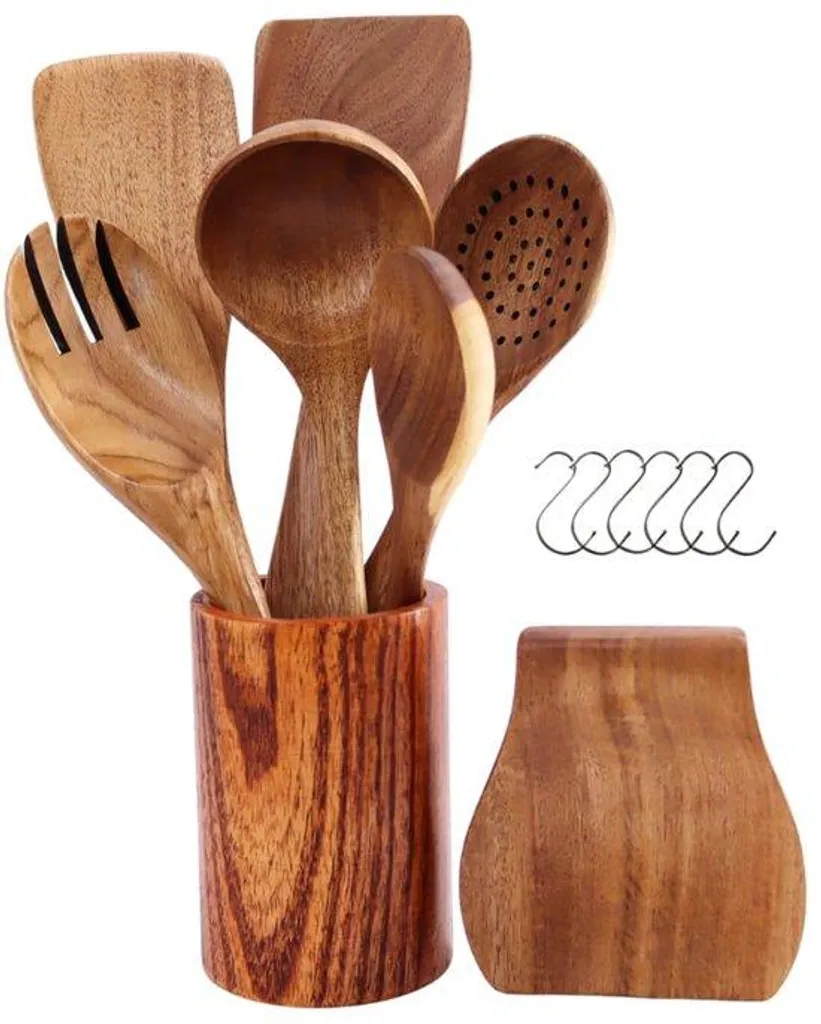 Ustensiles de Cuisine en Bois d'Acacia : Dites Adieu aux Rayures (14 pcs)