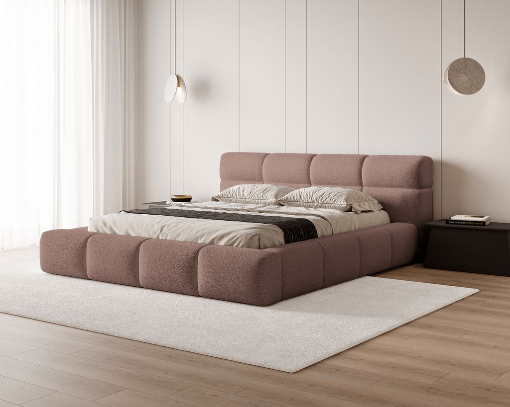 BESILIO Polsterbett mit dickem Schaumstoff 140x200 boucle Carlo - Lammfellstoff, Box und Rahmenbett - Braun