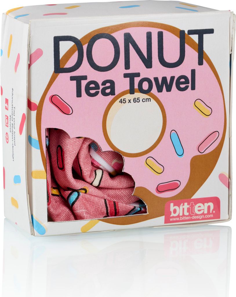 Geschirrtuch Donut-Optik mit pinker Glasur und bunten Produktbild 