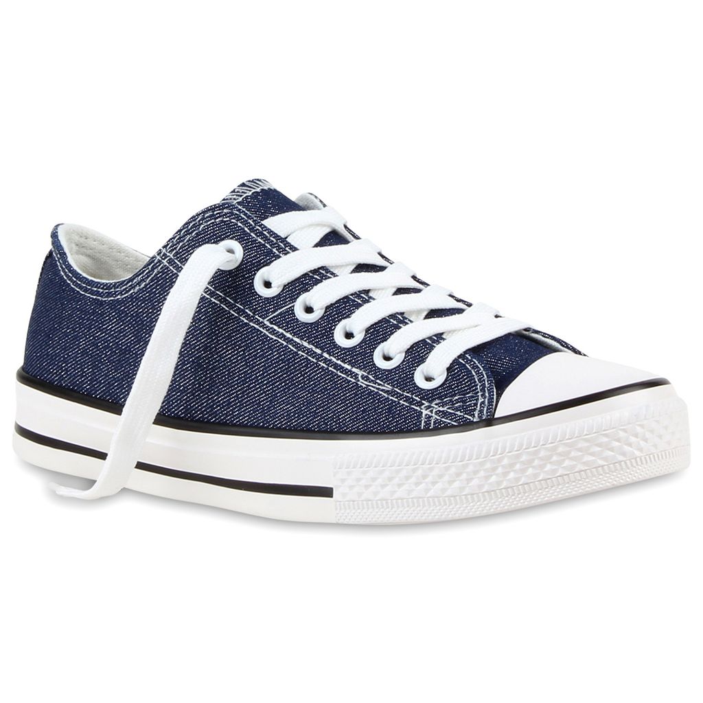 Mytrendshoe Damen Sneakers Low Glitzer Turnschuhe Bequeme Schnürer 811053, Farbe: Dunkelblau, Größe: 36