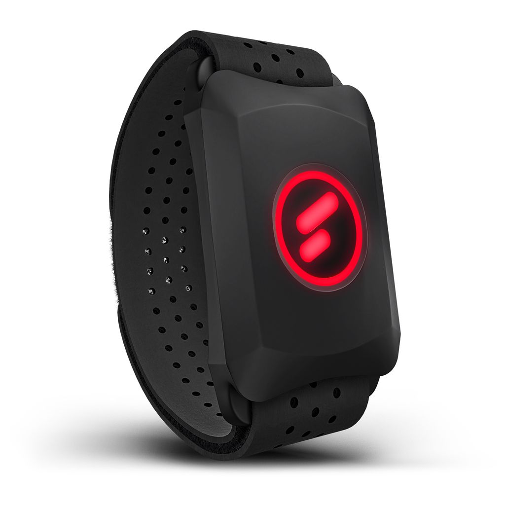 A black sportstech pulse monitor with a red LED light on a white background.
