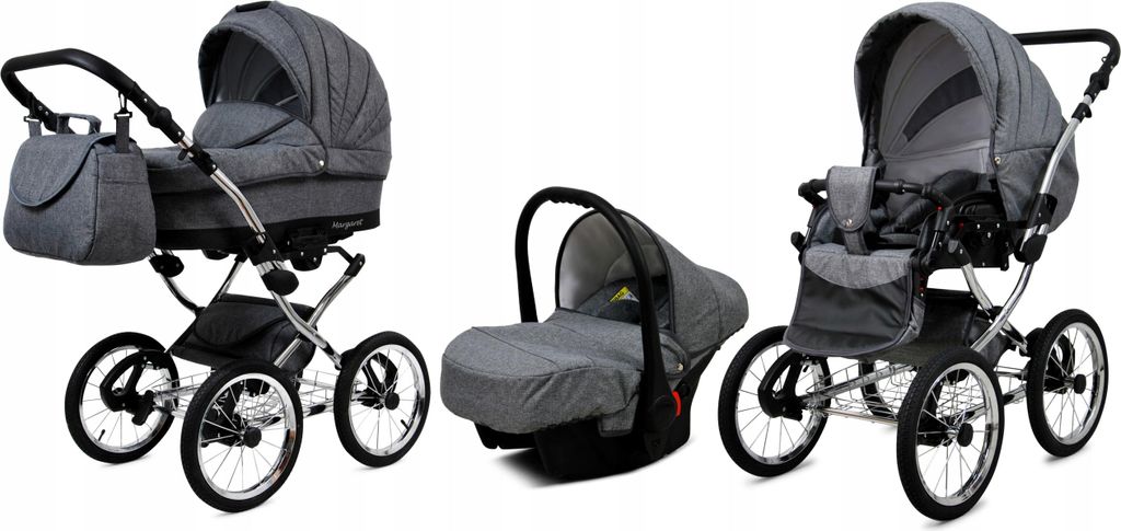 A collage of a baby stroller system, including a bassinet, a car seat, and a stroller seat, all in gray.