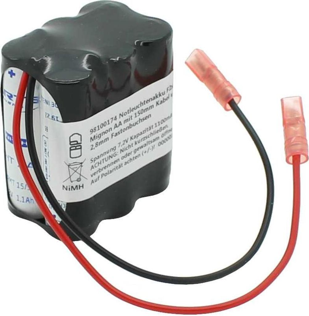 Notleuchtenakku NiMH 7,2V 1100mAh F2x3 Mignon AA mit 150mm Produktbild 
