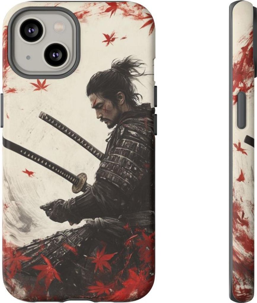 Samurai mit zwei Katanas und roten Ahornblättern – Hülle Kompatibel mit iPhone 14