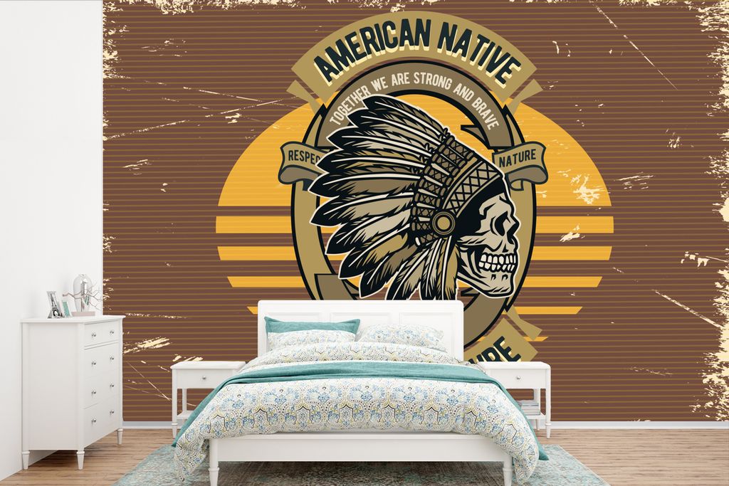 MuchoWow Fototapete für Wohnzimmer oder Schlafzimmer Wandtapete Vinyl Motivtapete Mannshöhle - Indianerformschnitt - Schädel - Vintage - 600x4...