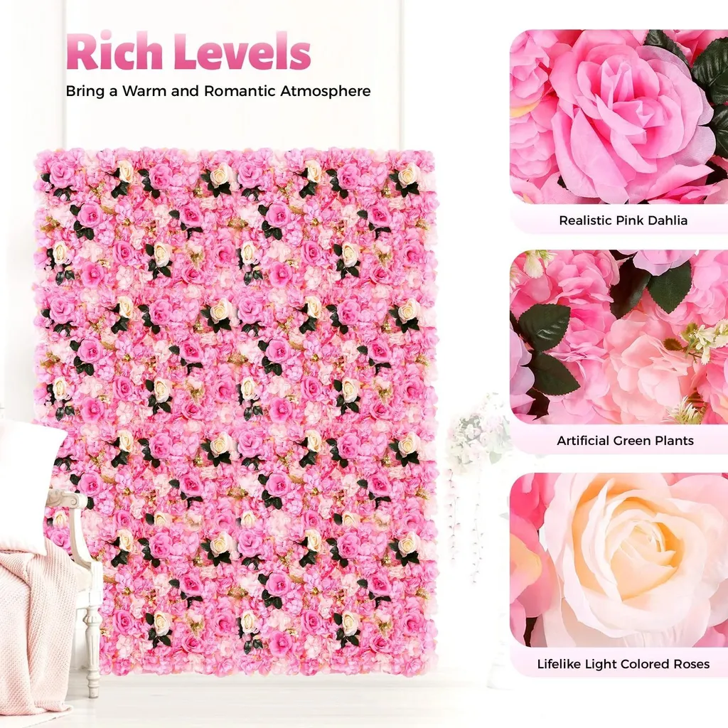 Mur de Fleurs Artificielles pour Décoration Mariage - 12 Panneaux Rose - 9