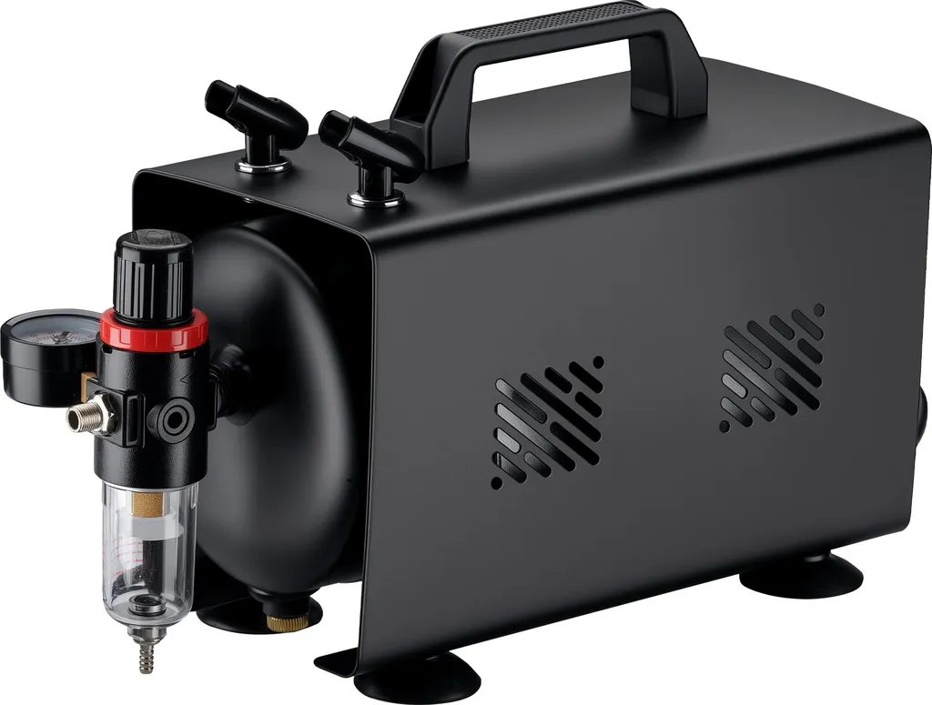 Compressore per aerografo Wiltec AS18TB 1/6 hp, compressore d'aria con alimentazione da 20-23 l/min, compressore per pistola ad aerografo con serbatoio da 1 litro, compressore d'aria per aerografo design