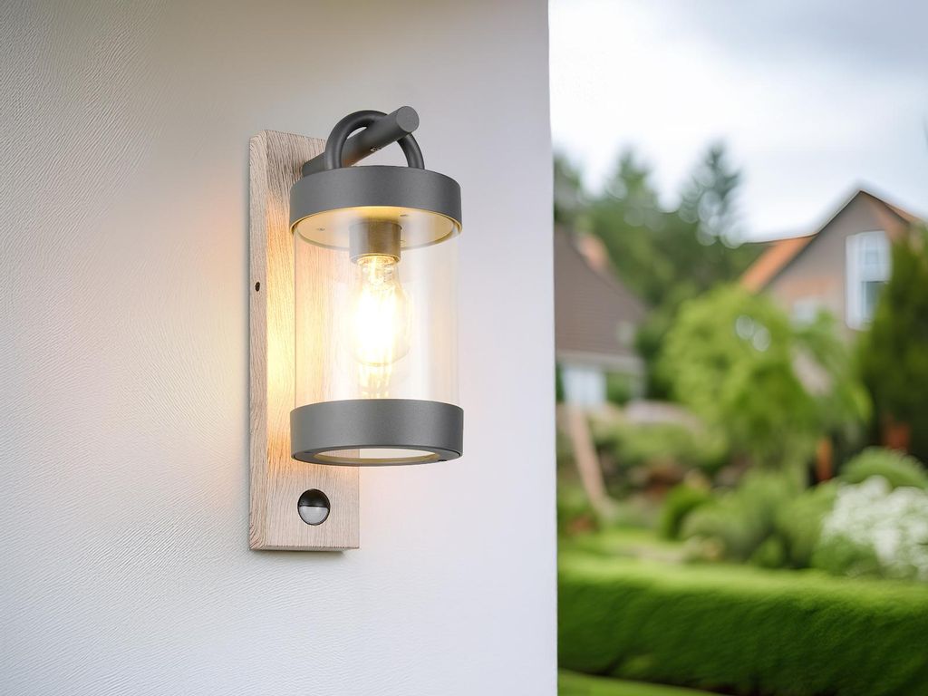 LED Außenwandleuchte mit Bewegungsmelder, Laterne in Holzoptik Anthrazit H: 33cm
