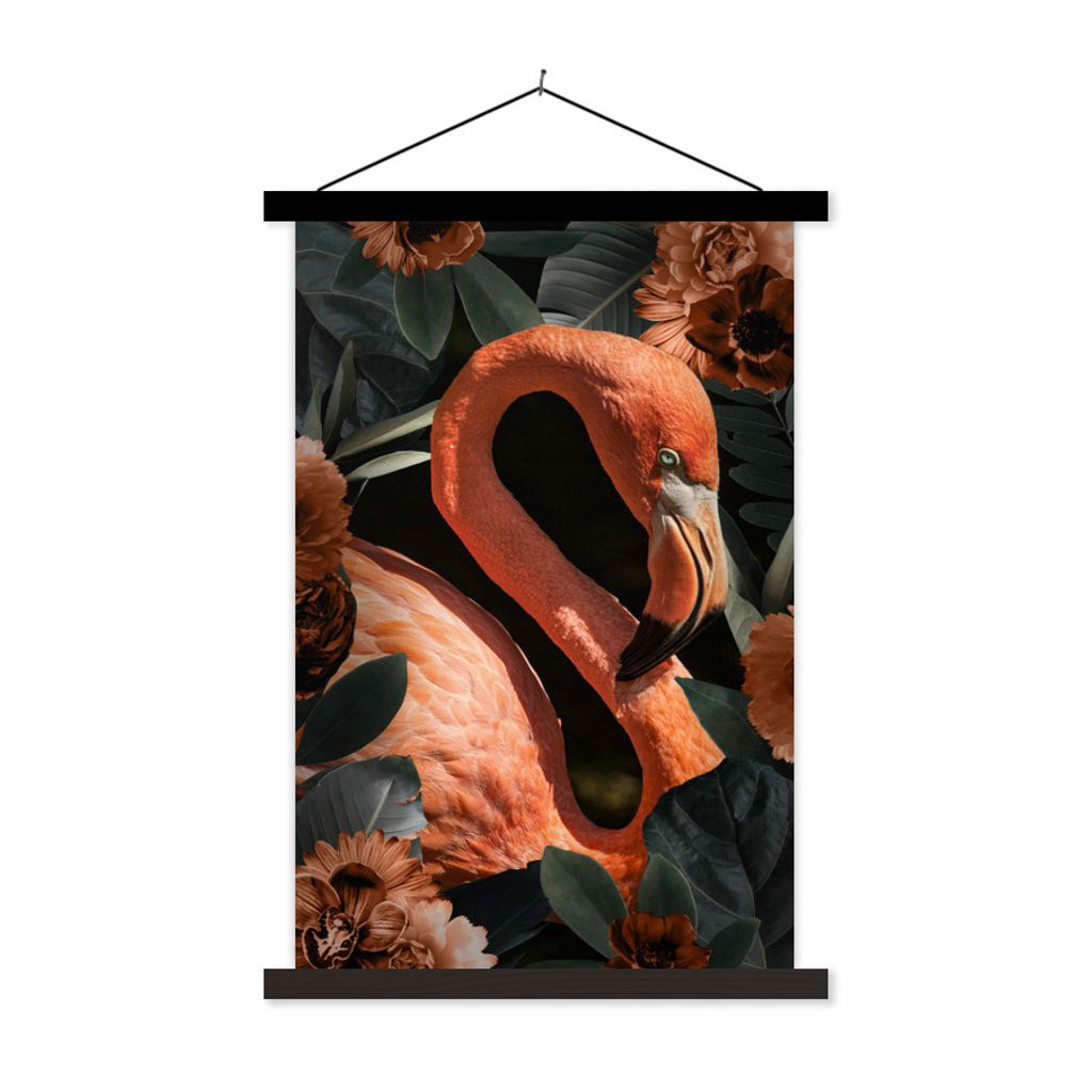MuchoWow Textilposter Flamingo - Rosa - Blätter 40x60 cm mit schwarzem Rahmen - Wanddekorationen