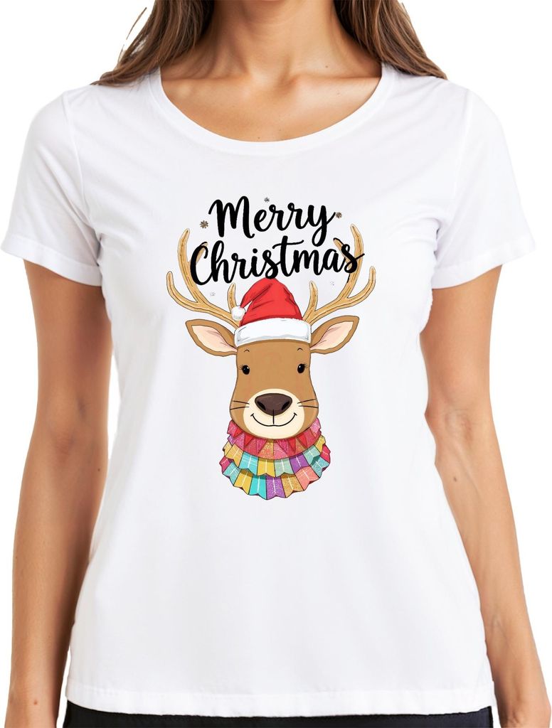 Merry Christmas Weihnachten Rentier Nikolausmütze niedlich bunt Damen T-Shirt, Weiß, XXL