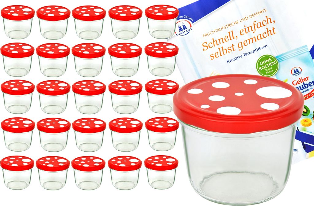 A collection of small glass jars with red and white mushroom-shaped lids, arranged in rows, with a larger jar in the foreground and some packaging in the background.