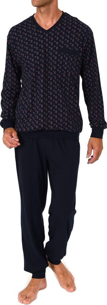 Normann Herren Schlafanzug lang – Pyjama mit Bündchen, Minimal-Design und V-Hals ; marine , 50
