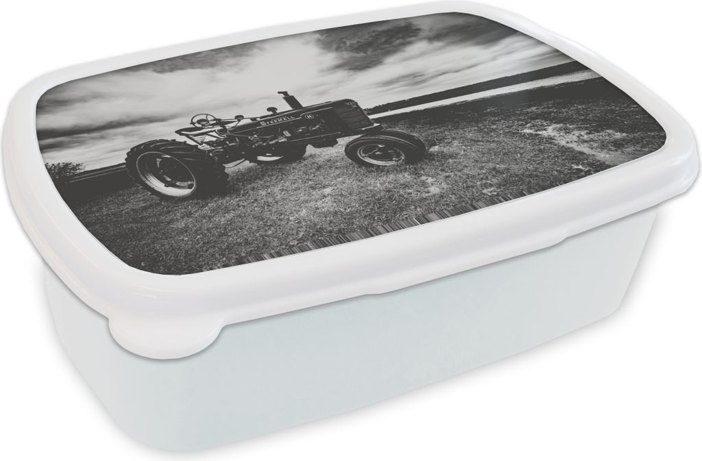 KitchenYeah Lunchbox Brotzeit Brotdose 17x11 cm Traktor - Schwarz - Weiß - Bauernhof - Vintage Kinder Brotzeitdose - Lunch Box - Kinder - Sandwi...