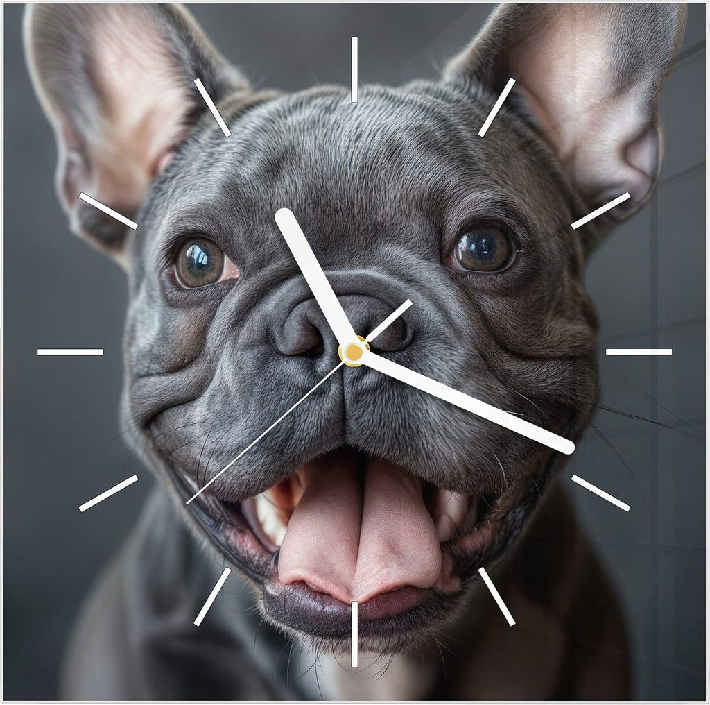 Wanduhr aus Glas mit Motiv Lachender Hund- 30 x 30 cm - inkl. Aufhängesystem