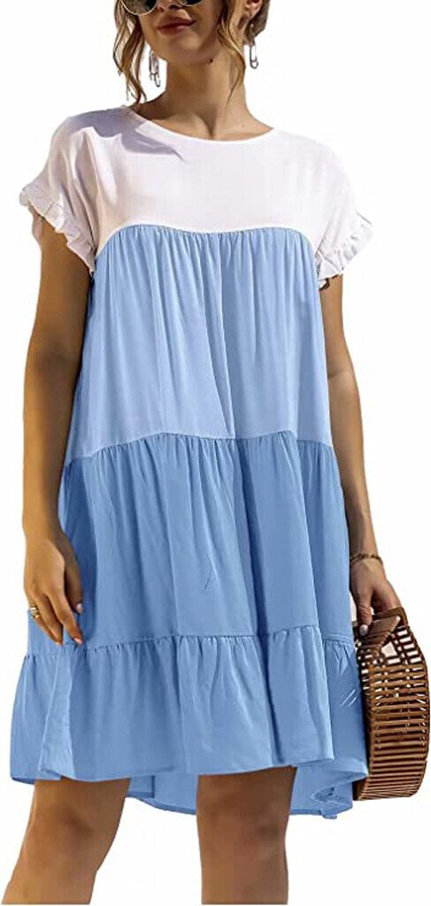 ASKSA Damen Kurzarm Kleid Colorblock Rüschen Rundhals Freizeitkleid Lässige Midikleider Sommer Loose Swing Kleider, Hellblau, S