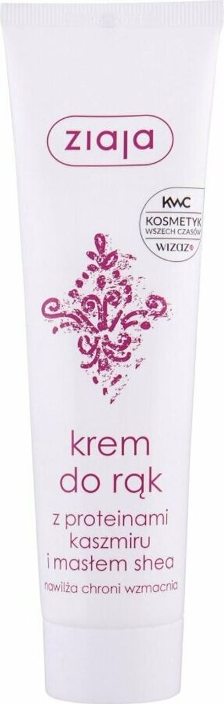 A white tube of Ziaja hand cream with purple text and a decorative purple design.