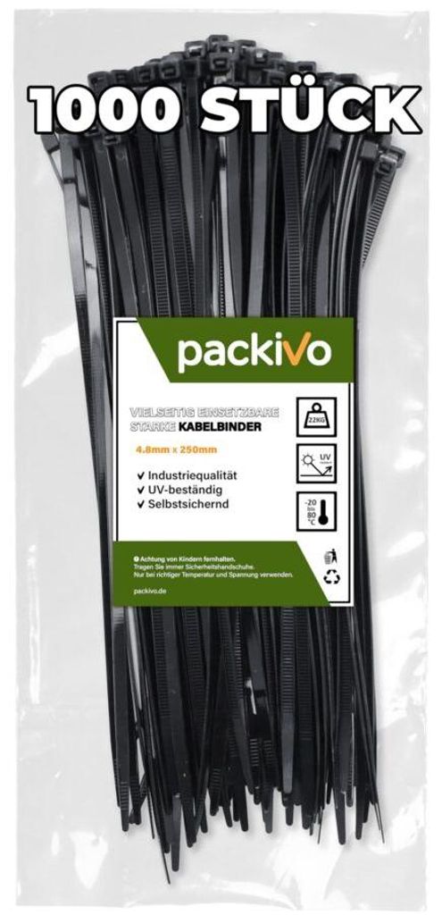 PACKIVO Kabelbinder, Schwarz - 250mm x 4,8mm, 1000 Produktbild 