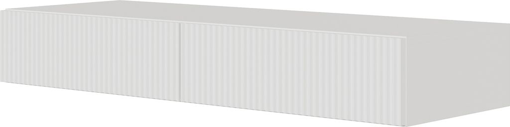 A white, modern console table with two drawers, shown from a slight angle against a white background.