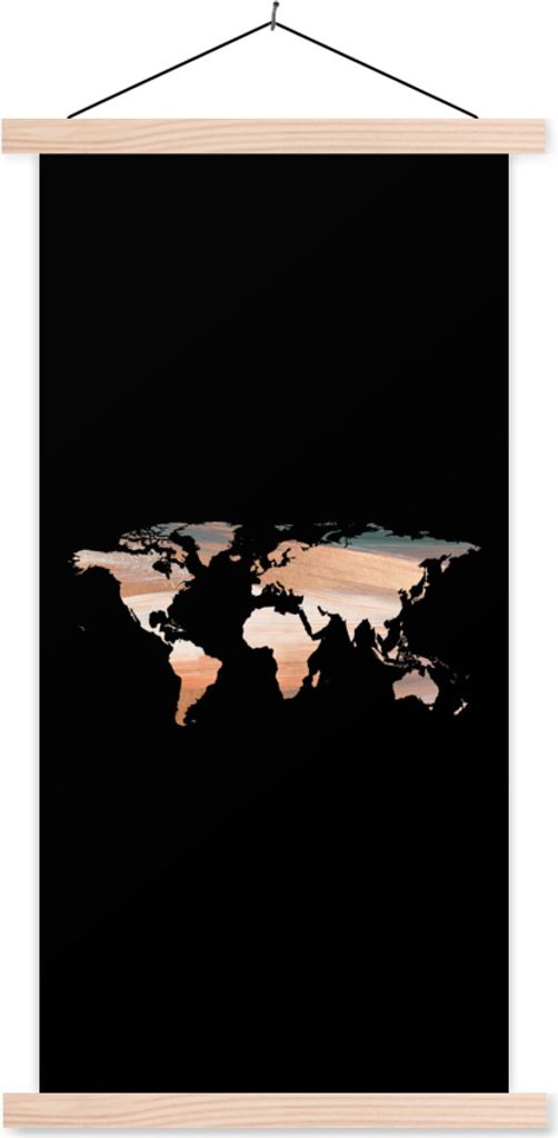 MuchoWow Textilposter Weltkarte - Farbe - Schwarz 40x80 cm mit holzfarbenen Rahmen - Wohnzimmer