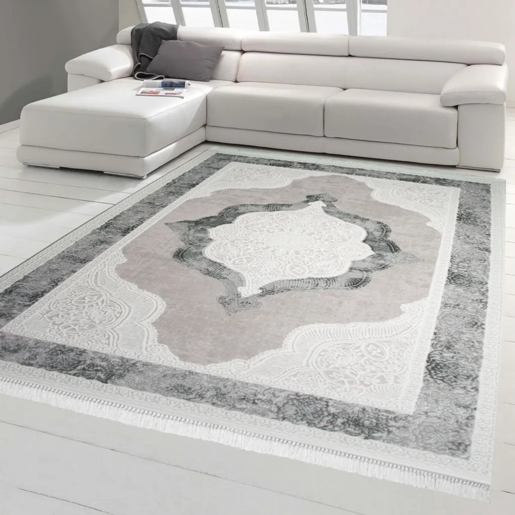 Tapis en laine 80x300 cm - Tapis de couloir ornements gris et crème