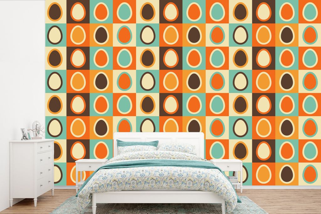 MuchoWow Fototapete für Wohnzimmer oder Schlafzimmer Wandtapete Vinyl Motivtapete Retro - Muster - Ei - 390x260 cm - Papiertapete