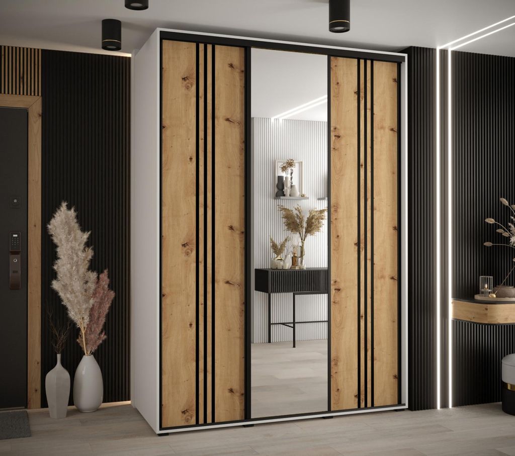 Kleiderschrank ASIRI 7 – 170/45 cm, weiß/Eiche handwerklich/schwarz