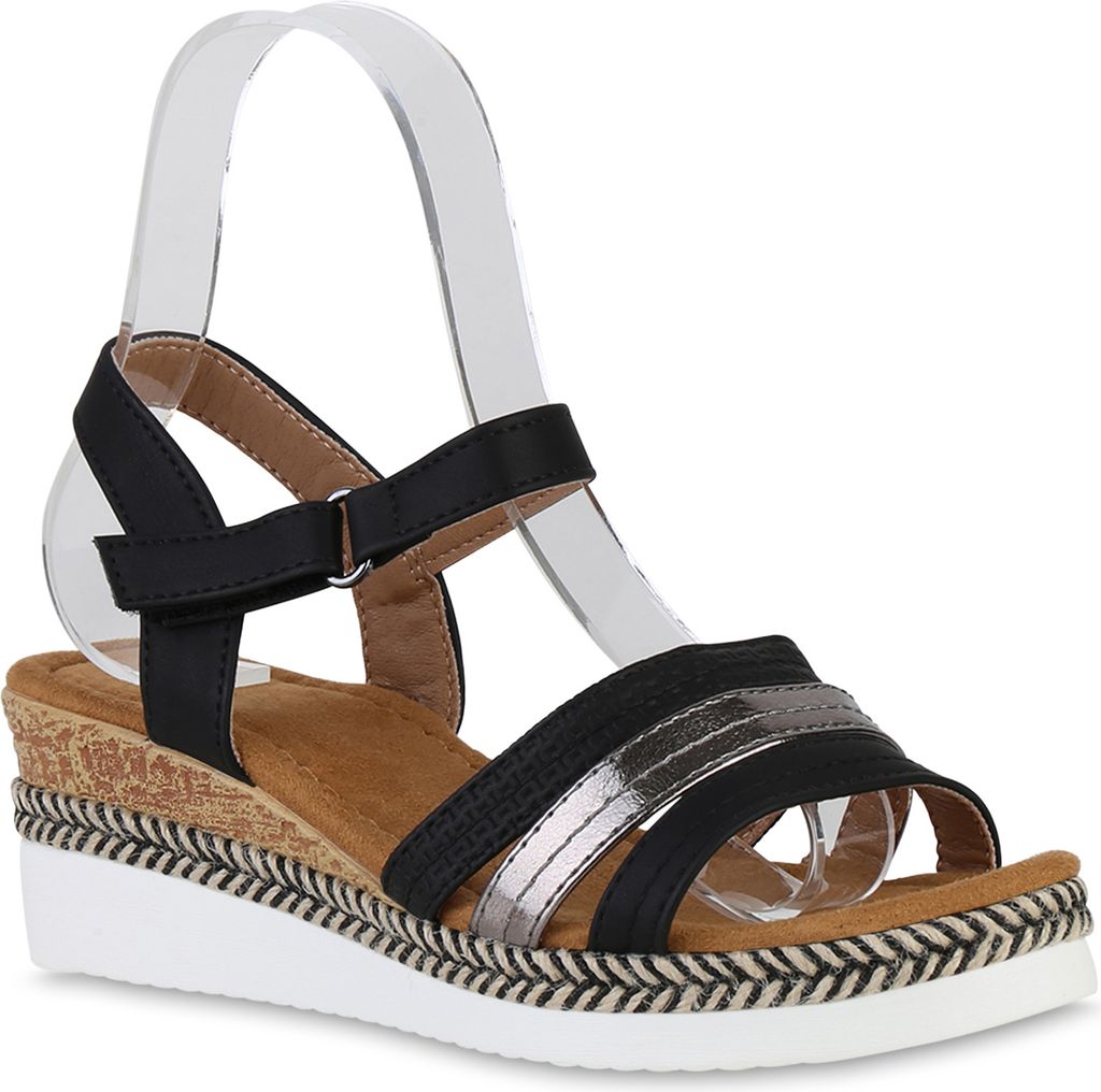 VAN HILL Damen Sandaletten Keilsandaletten Metallic Profil-Sohle Schuhe 840276, Farbe: Schwarz Grau Metallic, Größe: 42
