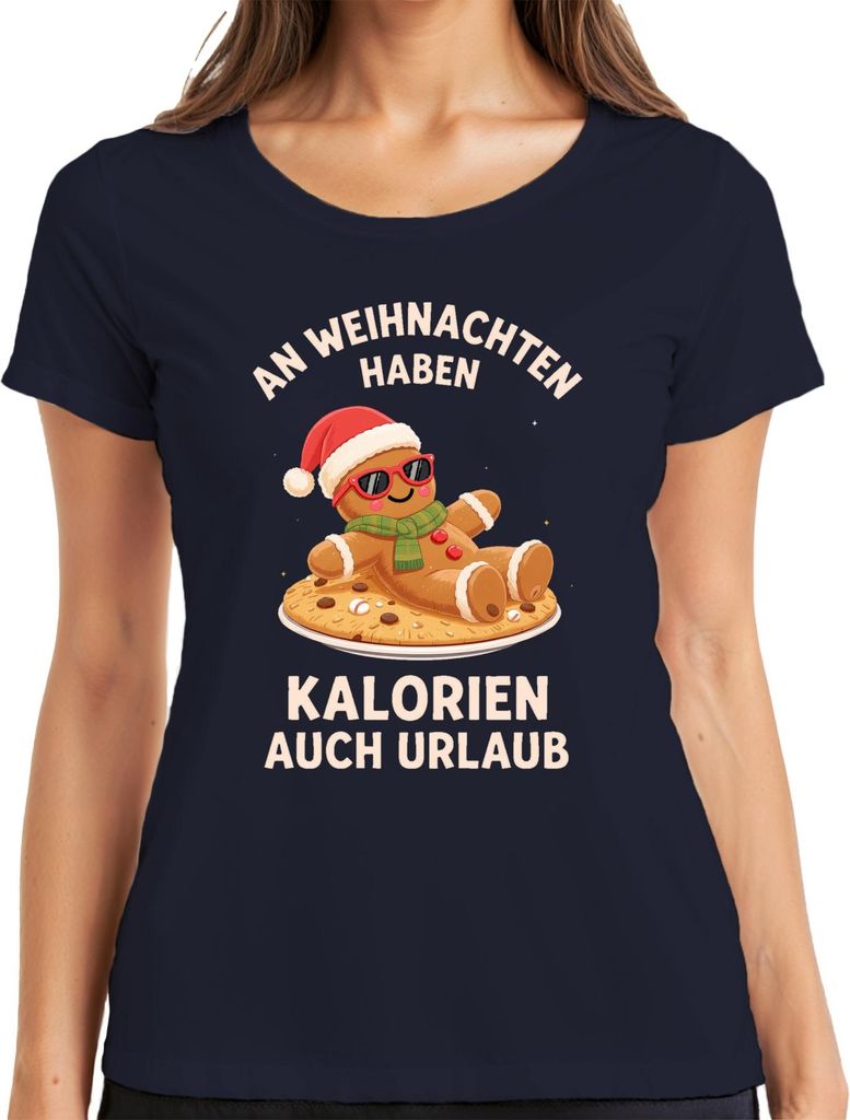 Lebkuchenmann Weihnachten Kalorien Urlaub Sonnenbrille Lustig Damen T-Shirt, Navy, L