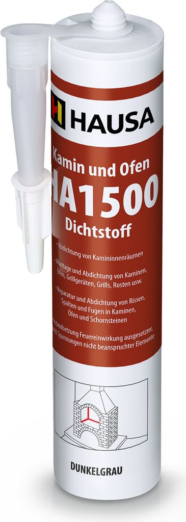A tube of HAUSA Kamin Ofen Dichtstoff HA1500 sealant with its applicator nozzle.