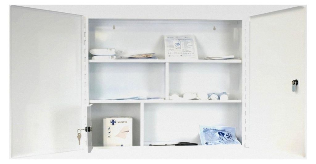 Erste Hilfe Verbandschrank DIN 13169:2021, Medizinschrank mit 3 Fächern (zweitürig) und abschließbarem Medikamentenfach – aus Metall, 60 x 50 ...