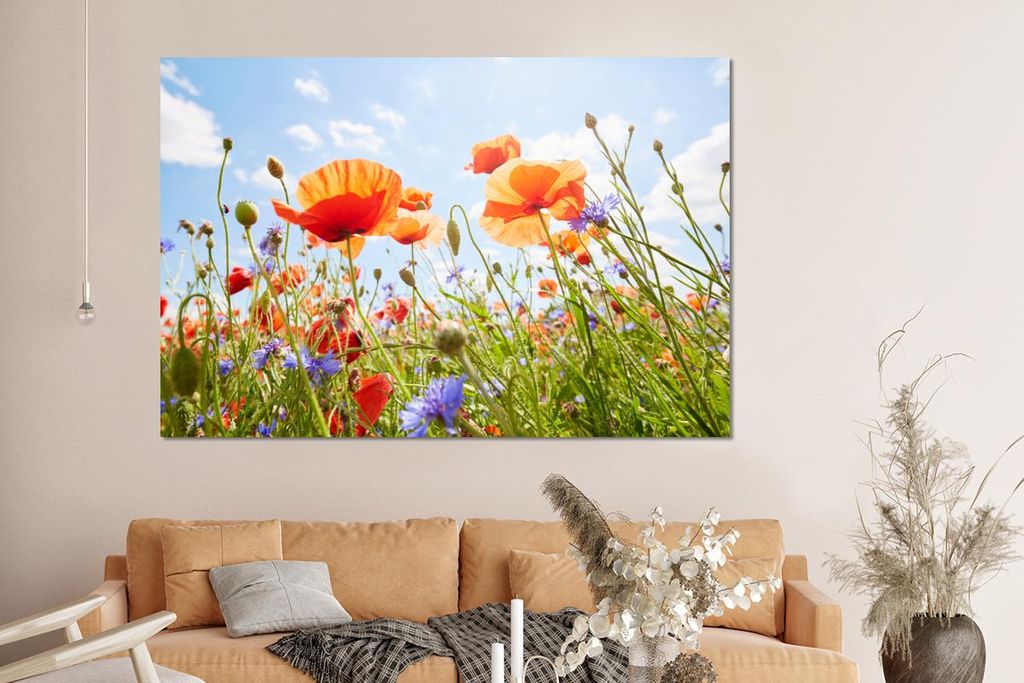 MuchoWow Wanddekoration Metall Metallbild Wandkunst 150x100 cm Blumen - Mohn - Frühling - Natur - Rot - Blau MuchoWow Aluminium Gemälde - Alu Dib...