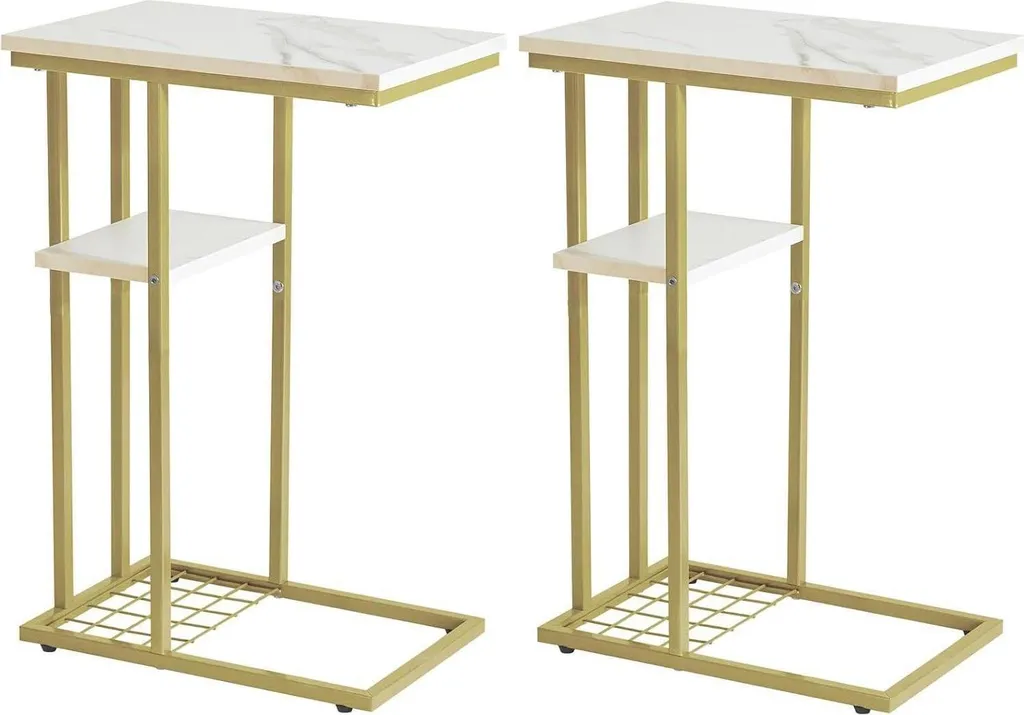 Table d'Appoint Forme C Lot de 2 Fine et Stable Finition Dorée et Blanc
