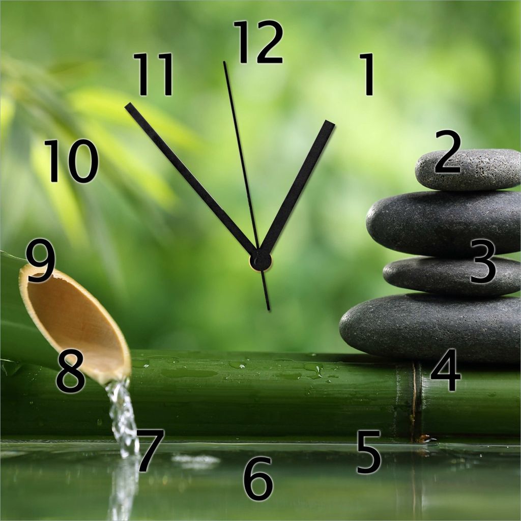 Wallario Design Wanduhr Steinstapel und Bambus auf dem Wasser aus Echtglas, Größe 30 x 30 cm