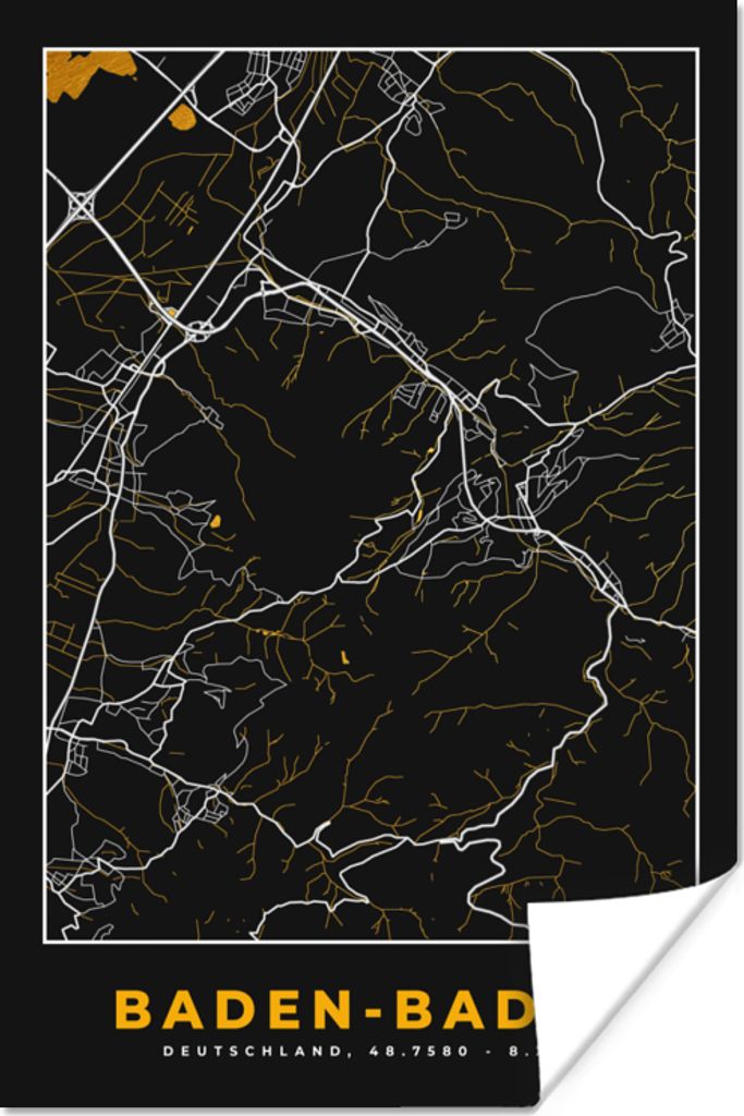 MuchoWow Poster Stadtplan - Karte - Baden Baden - Gold - Deutschland - Karte 60x90 cm - Wanddekoration
