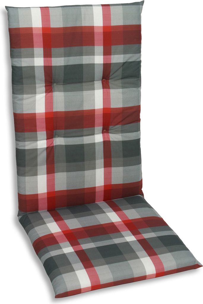 A chair cushion with a plaid pattern.