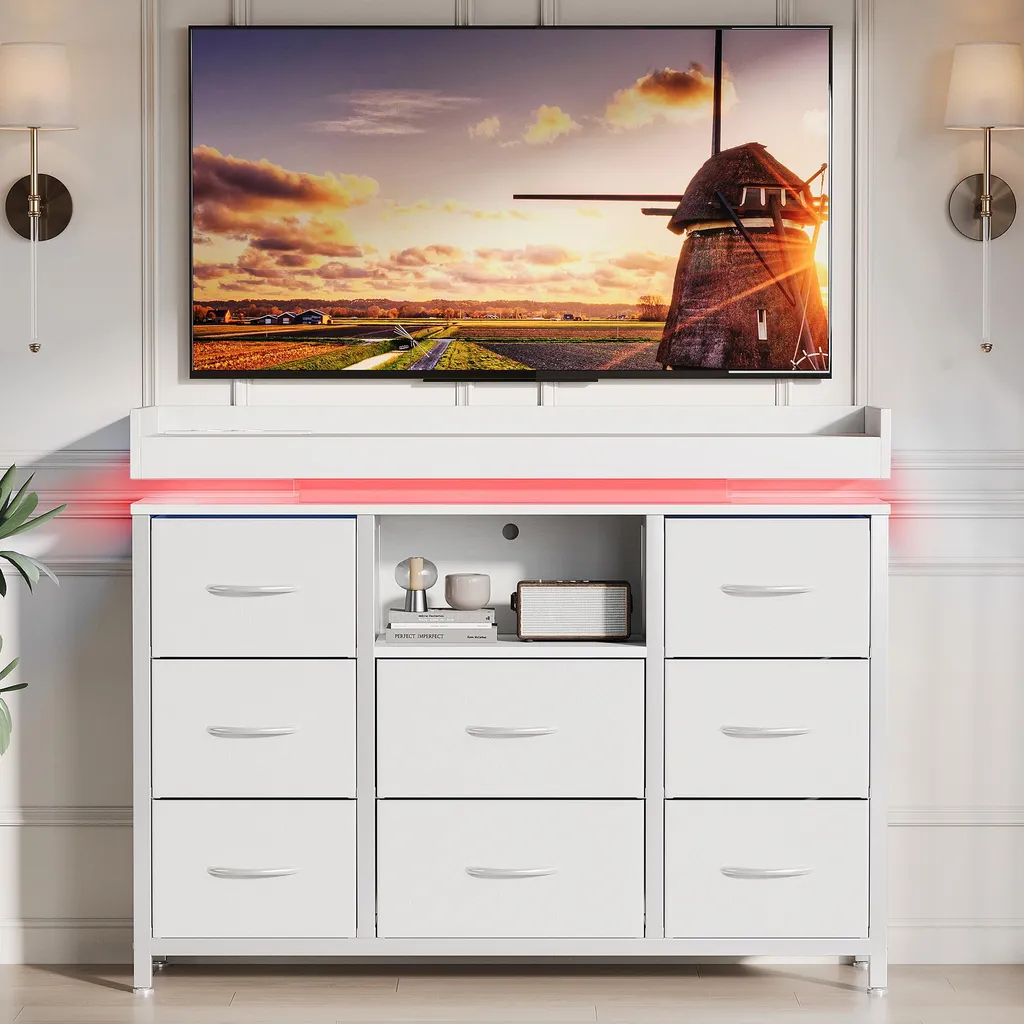 Commode LED RGB à 8 tiroirs avec prises intégrées et structure acier - 12