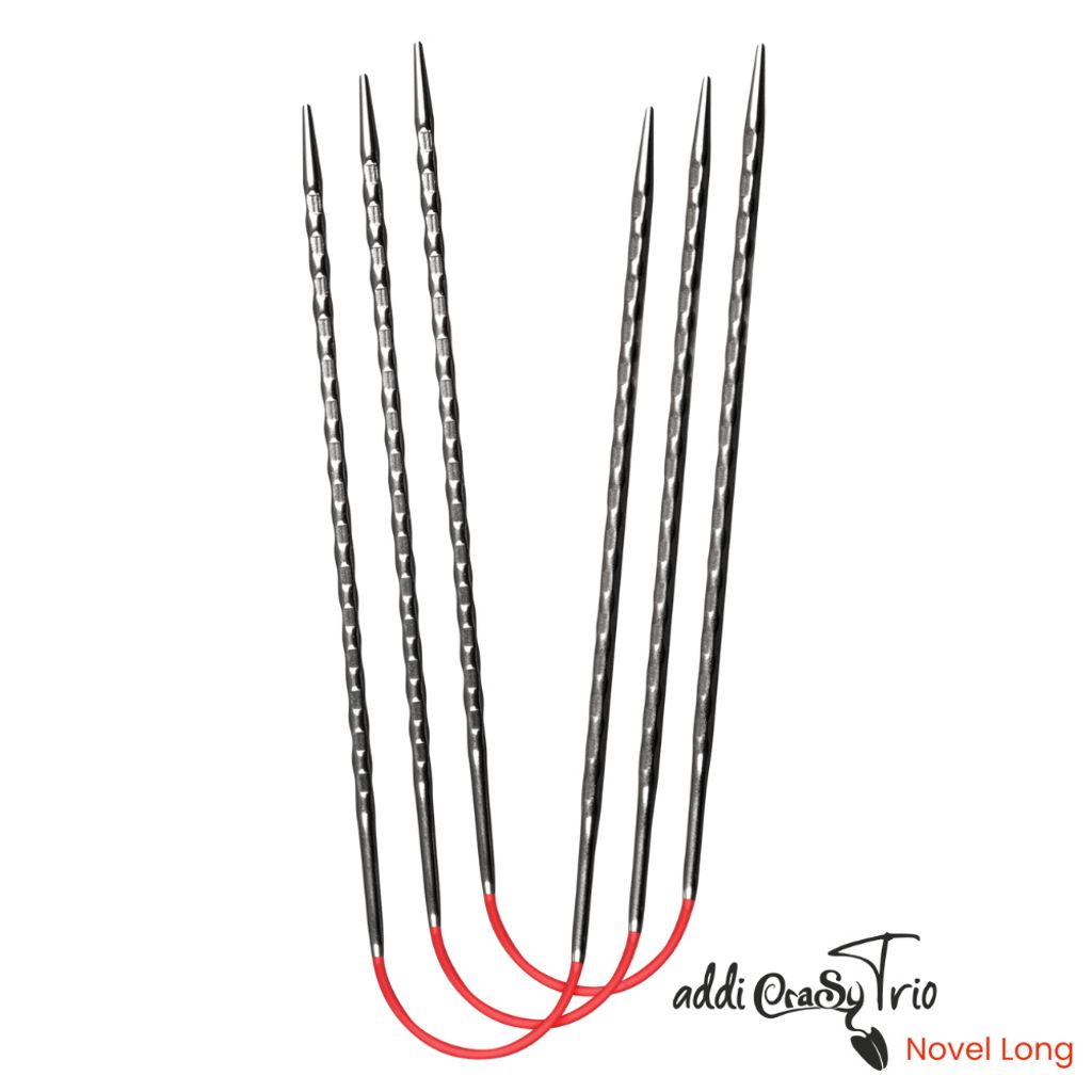 A set of circular knitting needles with red connecting cords, presented on a white background with branding.