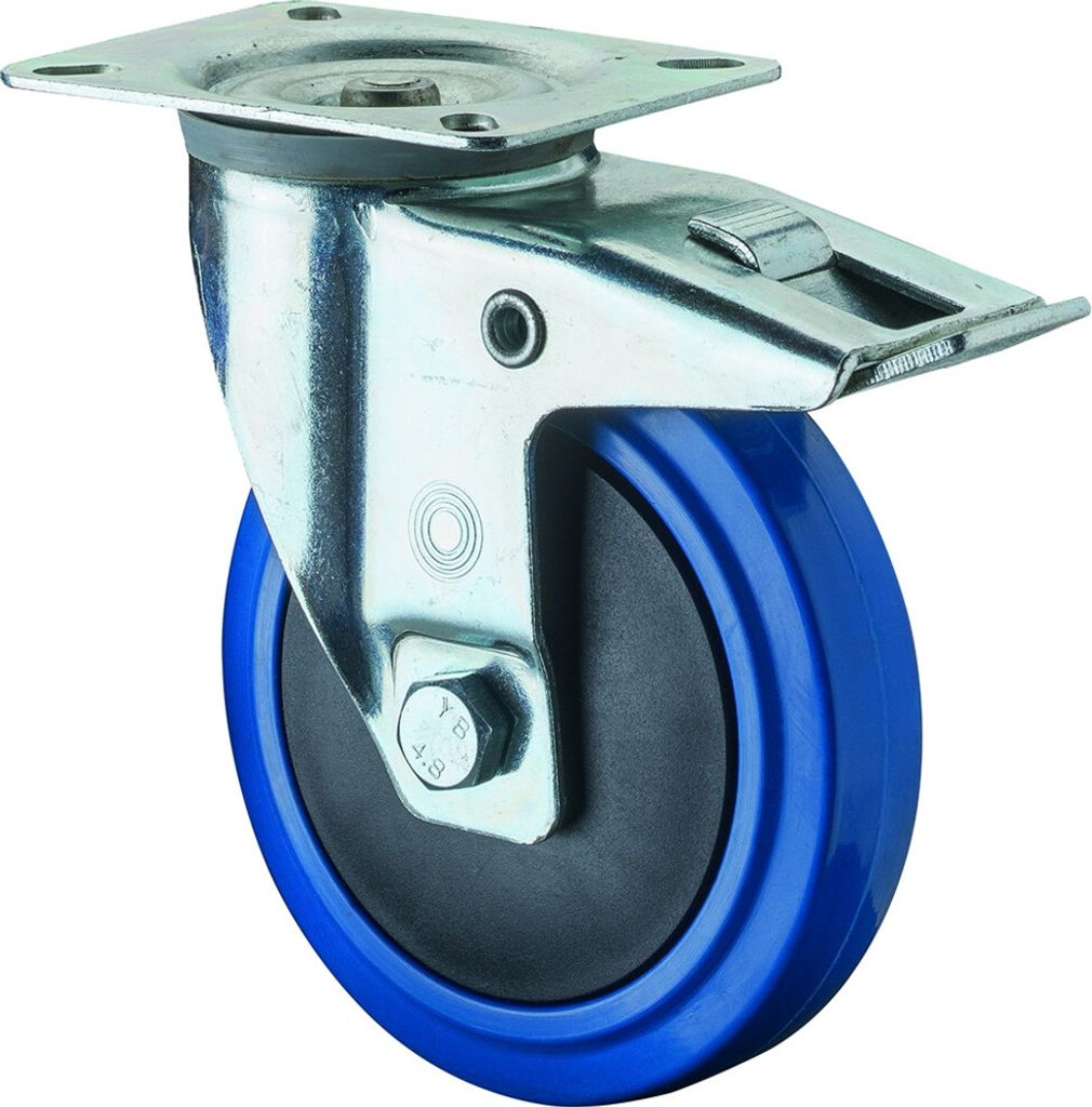 Transportgeräte-Lenkrolle m. Festst., Elastik-Vollgummi blau,Durchm. 100 mm, Traglast 150 kg, Kugellager, Anschraubplatte, Fadenschutz
