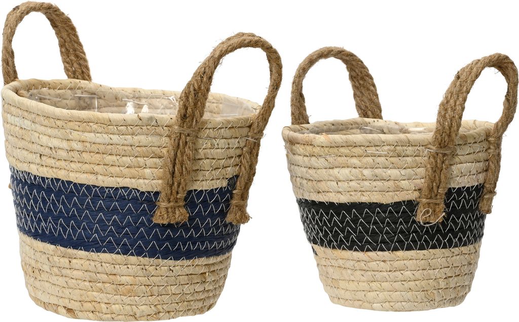 Blumentopf geflochten mit Henkel 14-17cm Natur / Blau Schwarz 2er Set