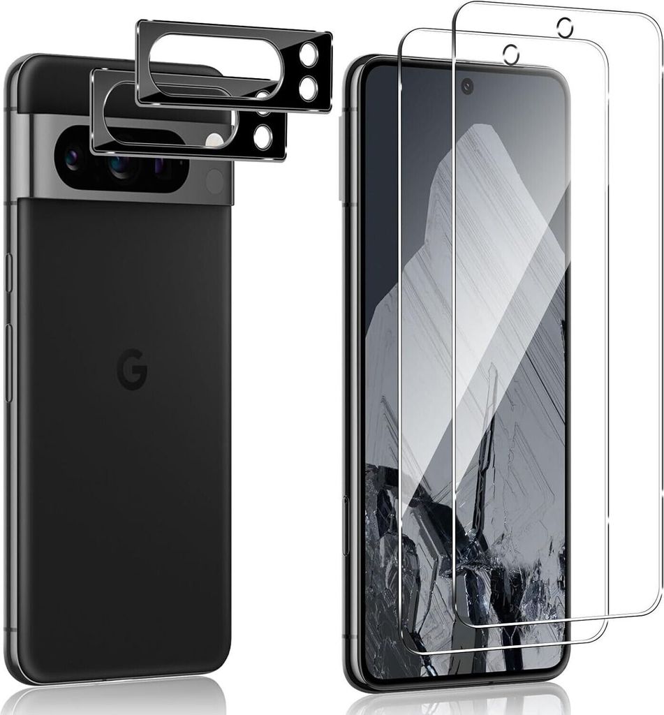 A Google Pixel 8 Pro phone with camera lens protectors and screen protectors.