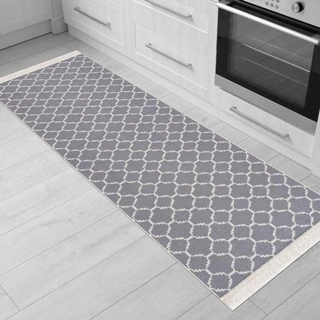 Tapis de passage bohème style kilim gris et blanc - Format 60 x 180 cm