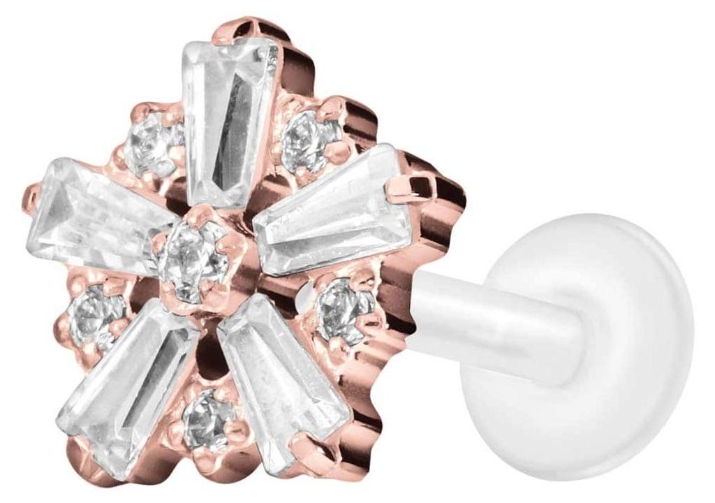 Ohrpiercing, Nasenpiercing PTFE Labret mit Innengewinde + Titan-Aufsatz SCHNEEFLOCKE RoséGold Stablänge: 9mm | Stabstärke: 1,2mm