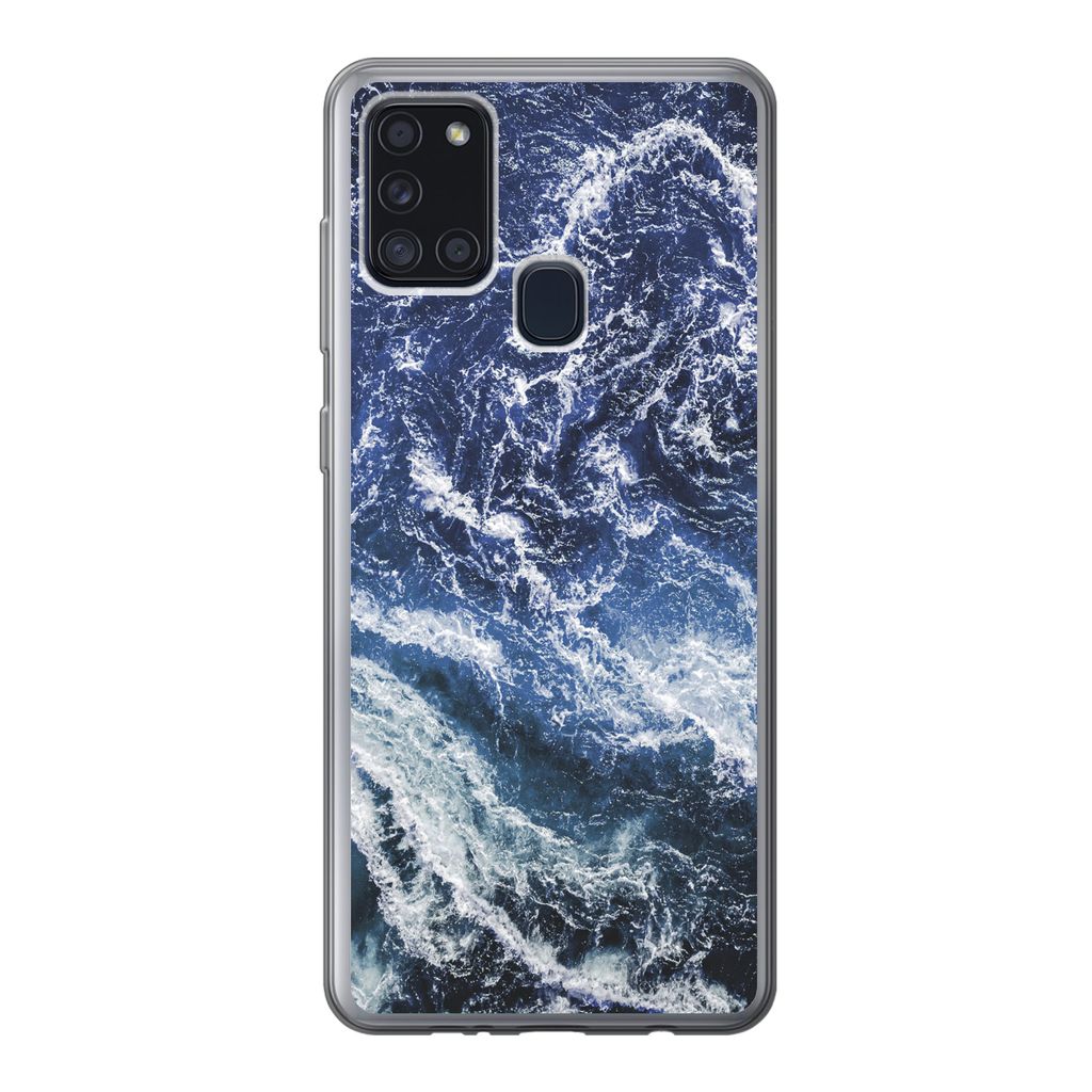 MuchoWow Handyhülle Schutzhülle Hülle für Samsung Galaxy A21s Naturstein - Blau - Weiß Silikon Softcase Handy Hülle - Hartschale