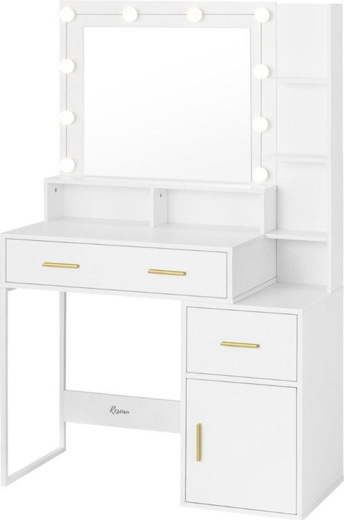 Frisiertisch - Mit Spiegel und Beleuchtung - Schminktisch - Frisierkommode - Hollywood - 90x40x143 cm - LED Lampen - Weiß
