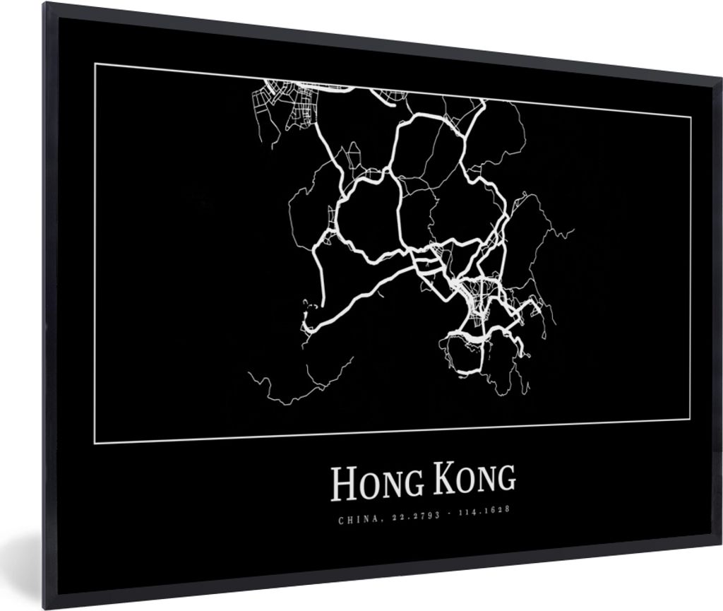 MuchoWow Gerahmtes Poster Hongkong - Karte - Stadtplan - Routenbeschreibung 30x20 cm - Poster mit Schwarzem Bilderrahmen Wandposter Rahmen Foto B...